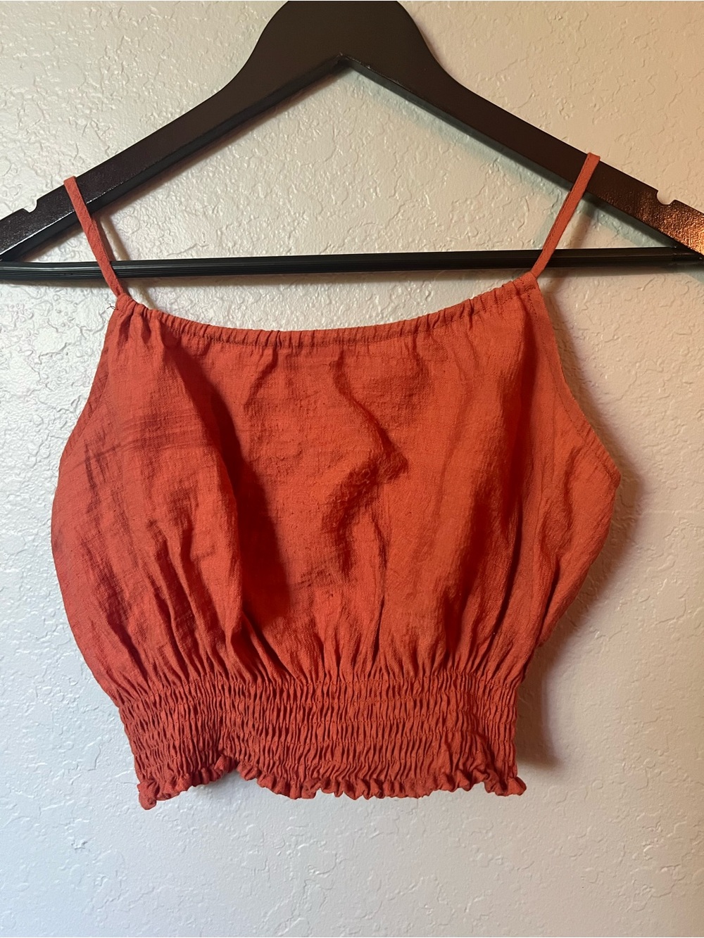 Sky and Sparrow Rust Orange Linen Smocked Crop Cami